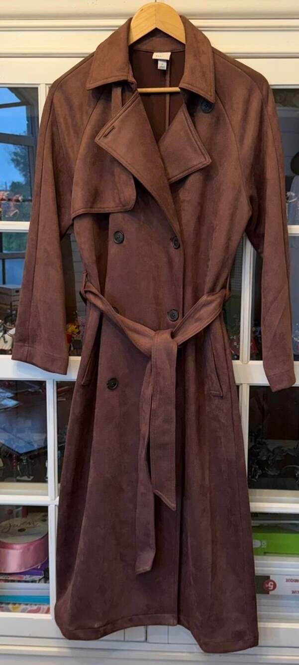 A New Day Faux Suede Trench Coat Size S Brown Belted Double Breasted